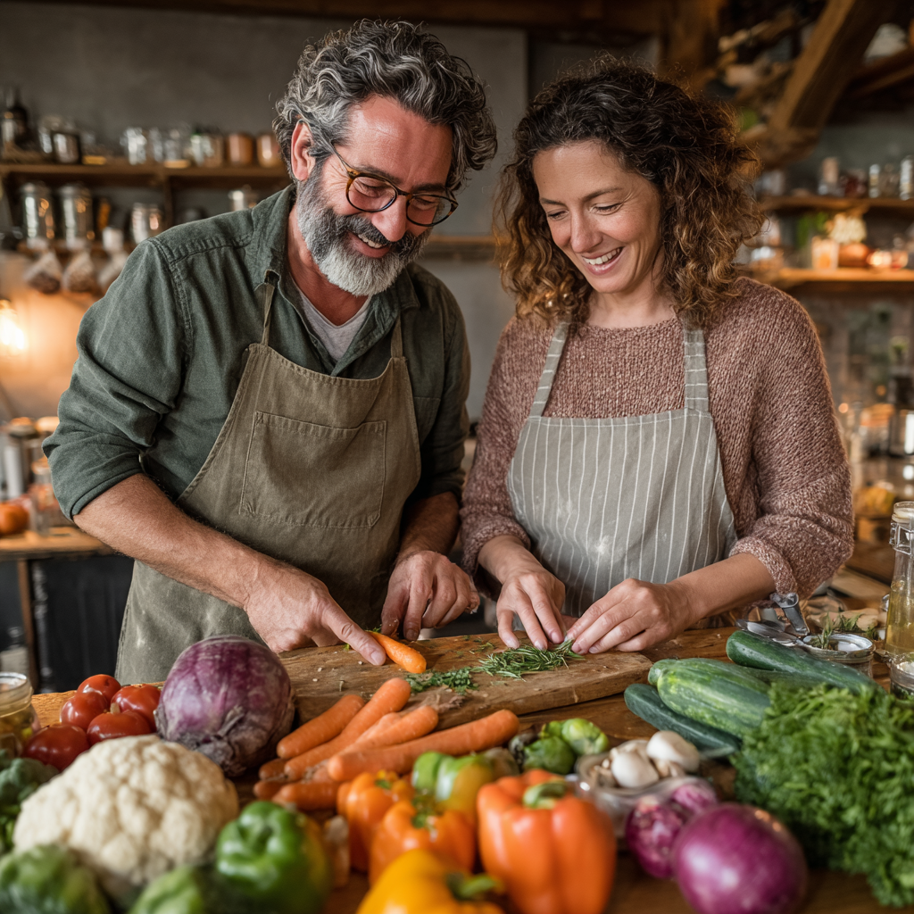 Cheerful couple in their late 40s cooking together in kitchen, man and woman preparing healthy meal with fresh vegetables and herbs, showing teamwork and healthy lifestyle