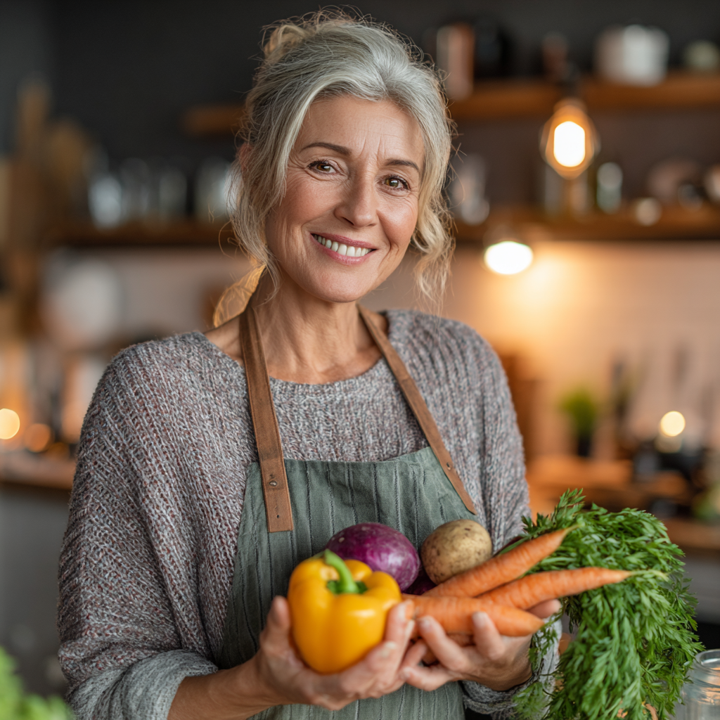 Happy middle-aged woman in her 50s preparing healthy colorful vegetables in a modern kitchen, smiling while holding fresh ingredients