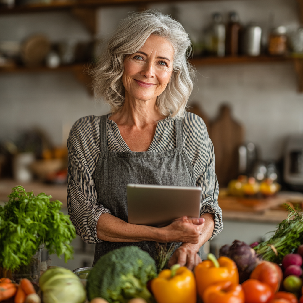 Mature professional woman in her early 50s in a bright kitchen looking confident and healthy while reviewing nutrition plan on tablet, surrounded by fresh healthy ingredients